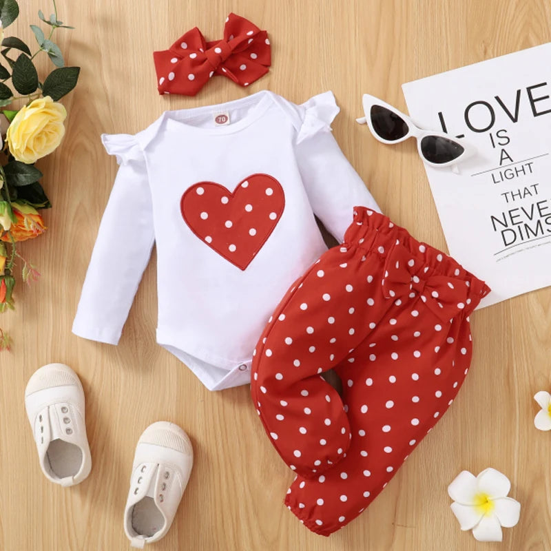 Baby girl outfit set – love heart romper, pants and headband for 0–18 months