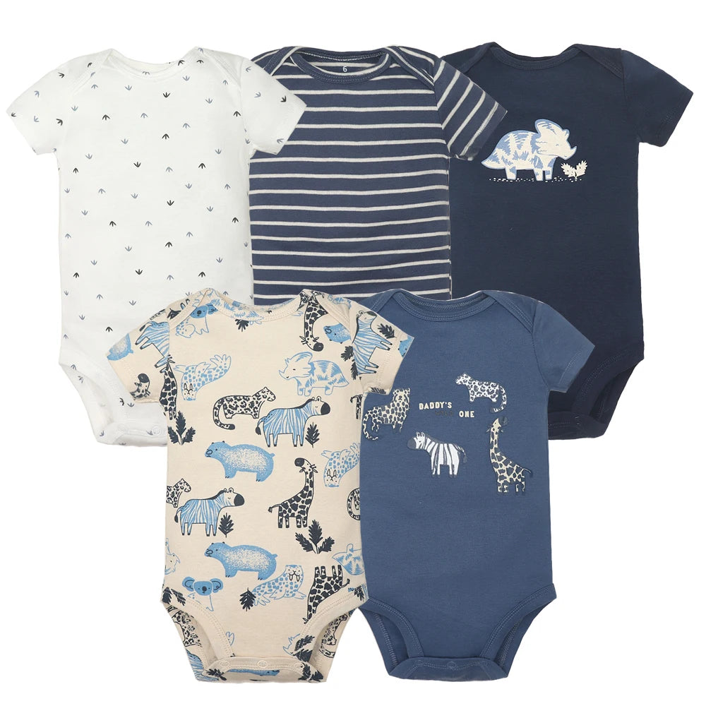 Soft breathable short sleeve baby bodysuits – unisex 5-piece cotton set for comfort